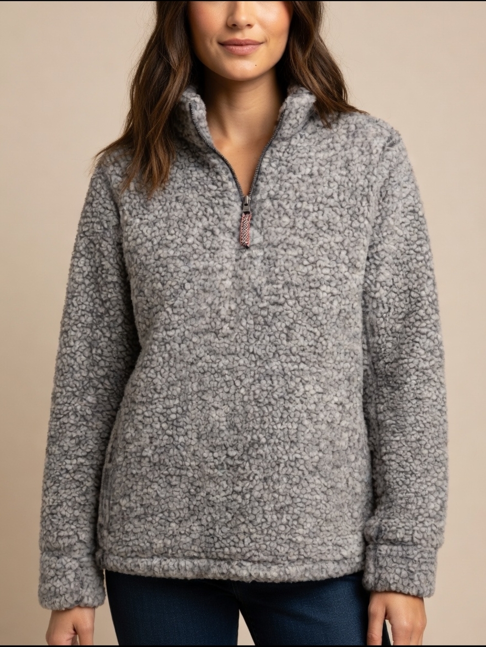 Women's Gray Sherpa Half-Zip Turtleneck Sweater